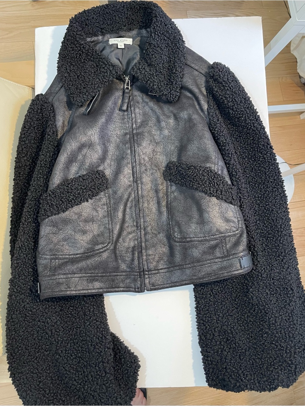 Max Studio London black faux leather jacket featuring teddy fur sleeves - XL